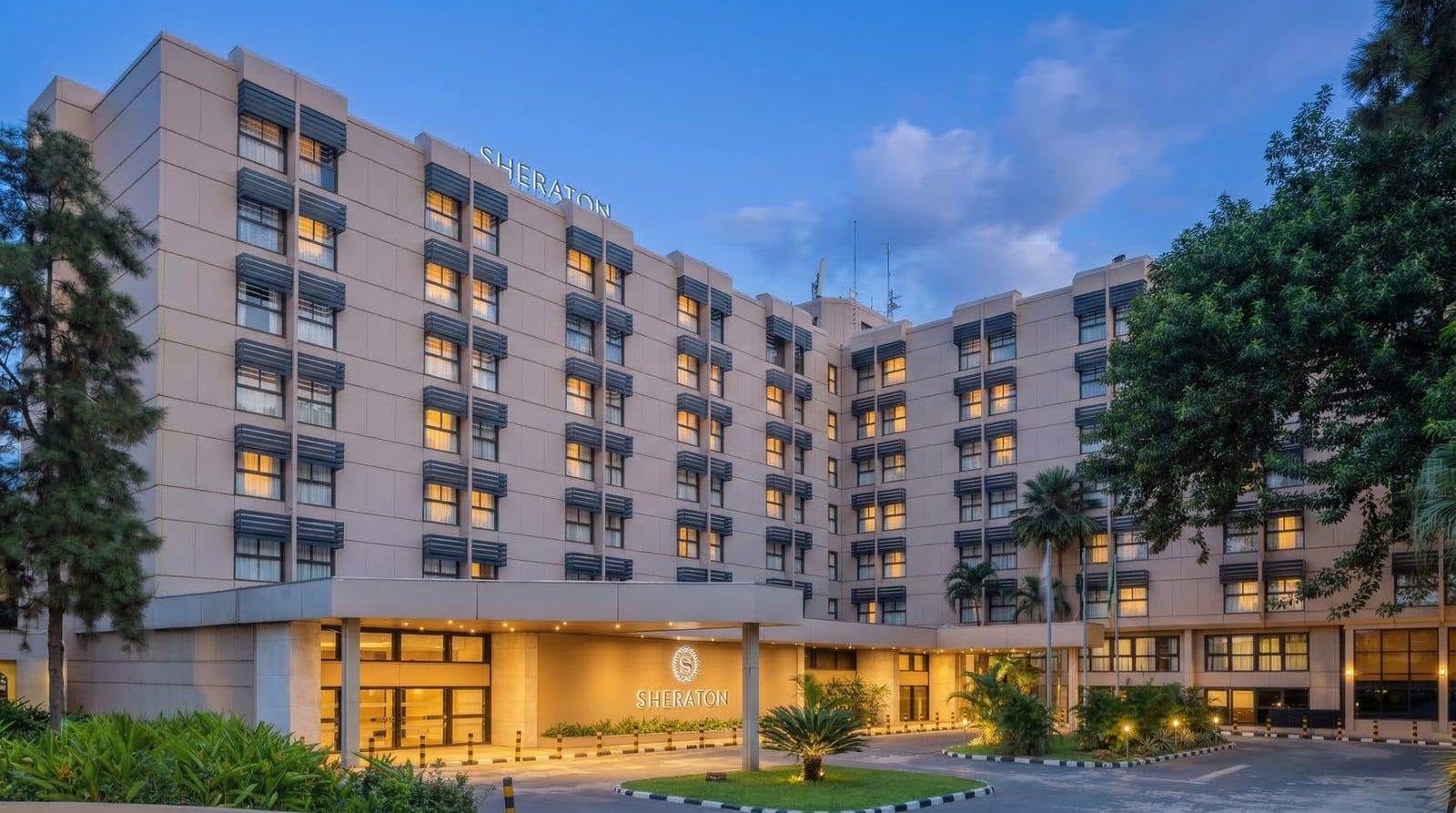 Sheraton Lagos Hotel, Ikeja, illuminated at night